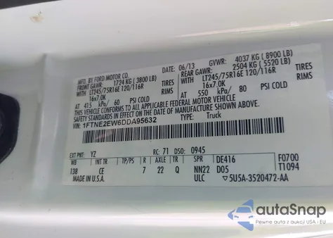 2013 Ford E-250 Commercial from USA, damaged, VIN 1FTNE2EW6DDA95632